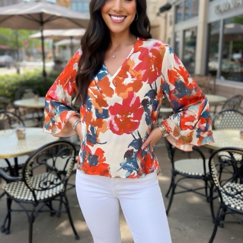 NWOT Floral V-Neck Blouse, Flowy Sleeve Lightweight Boho Top Sz XL